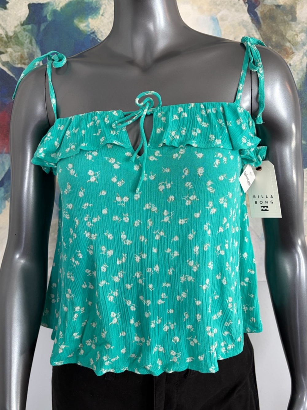 NWT BILLABONG Teal Floral Tie-Shoulder Ruffle Summer Top